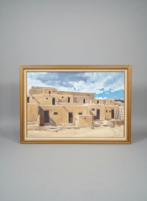 LARGE FRAMED OIL PAINTING OF PUEBLOS-SIGNED M BREITKOPF