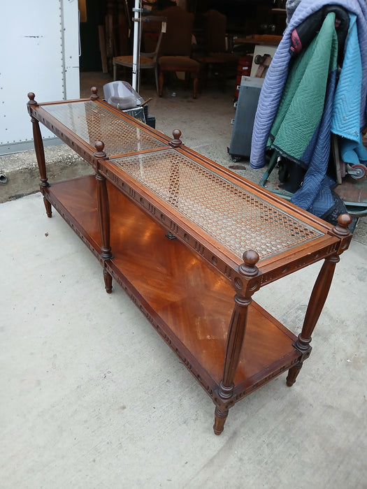 MID CENTURY CANED AND GLASS TOP CONSOLE/SOFA TABLE