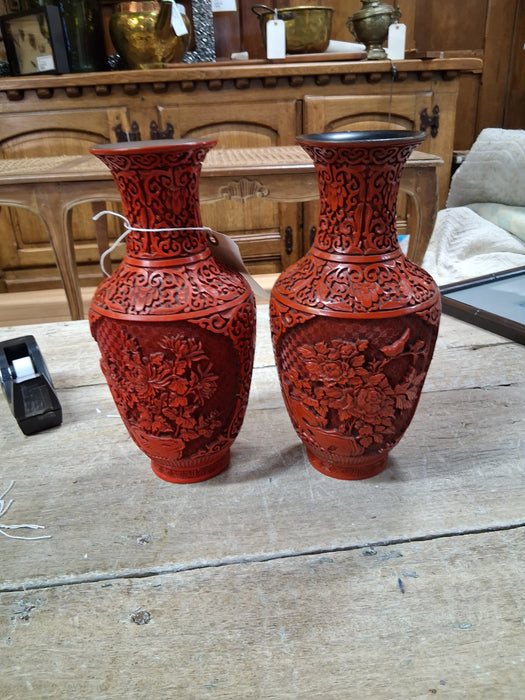 PAIR FAUX CINNABAR VINTAGE VASES