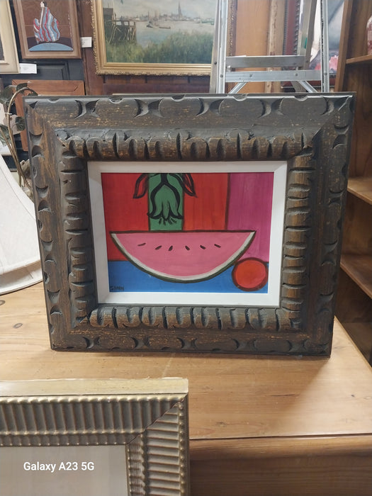 FRAMED ABTRACT WATERMELON PAINTING ON BOARD