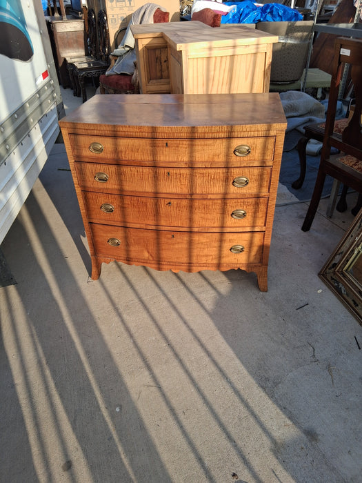 BOW FRONT SPALTED AND TIGER MAPLE ANTIQUE 4 DRAWER CHEST