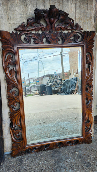 SPANISH CARVED OAK WALL MIRROR WITH LION CARVED CREST