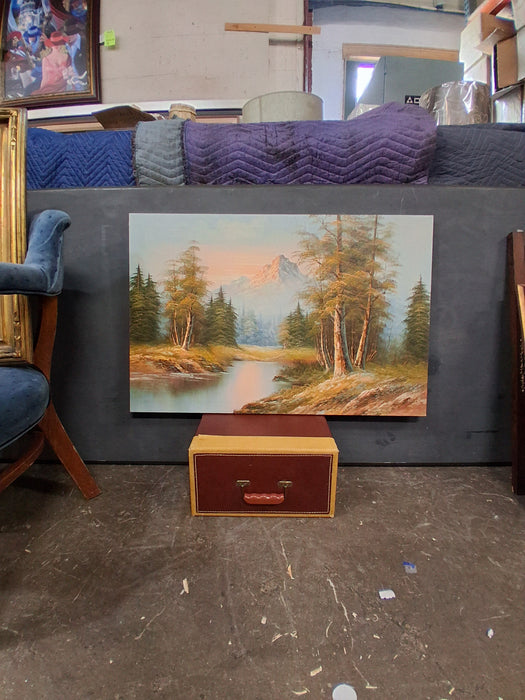 LARGE UNFRAMED LANDSCAPE OIL PAINTING WITH MOUNTAINS, TREES AND A SUNRISE*SIGNED G. WHITMAN