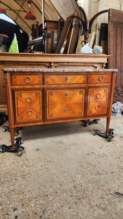 LOUIS XVI PUDDY MARBLE TOP WIDE CHEST WITH DRAWERS WITH BANDING AND PULLOUT DESK