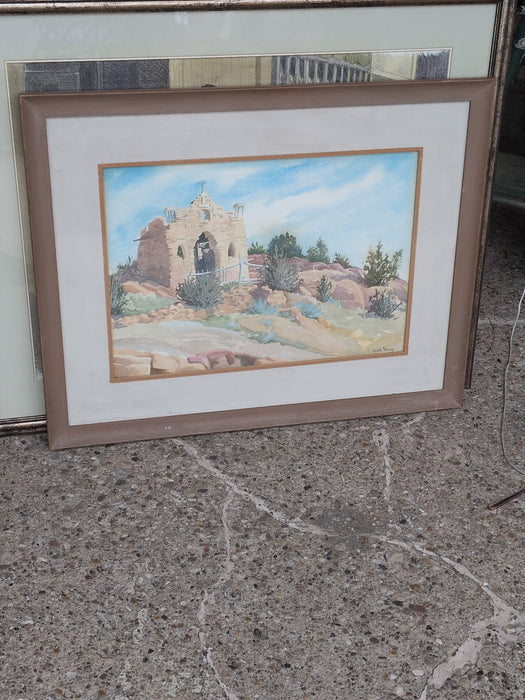 FRAMED WATERCOLOR OF A DESERT CHURCH RUINS SIGNED WEBB YOUNG