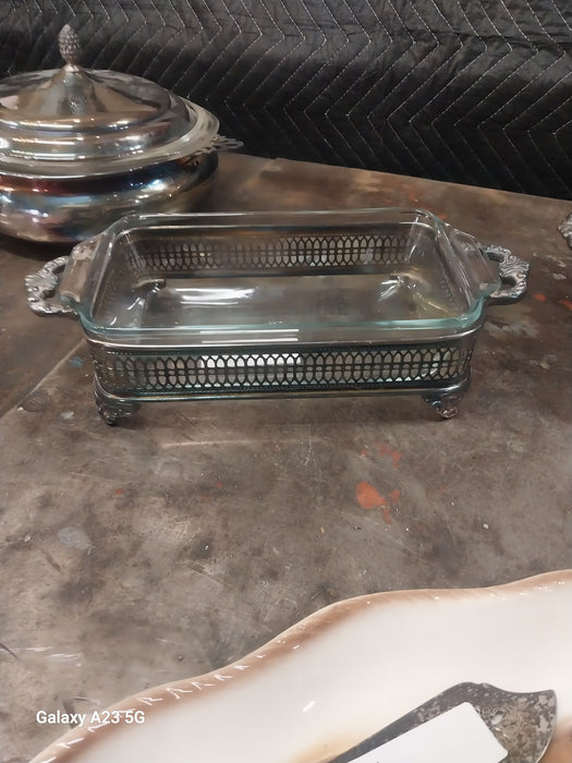 SILVER PLATE  SIDE DISH SERVER WITH GLASS DISH