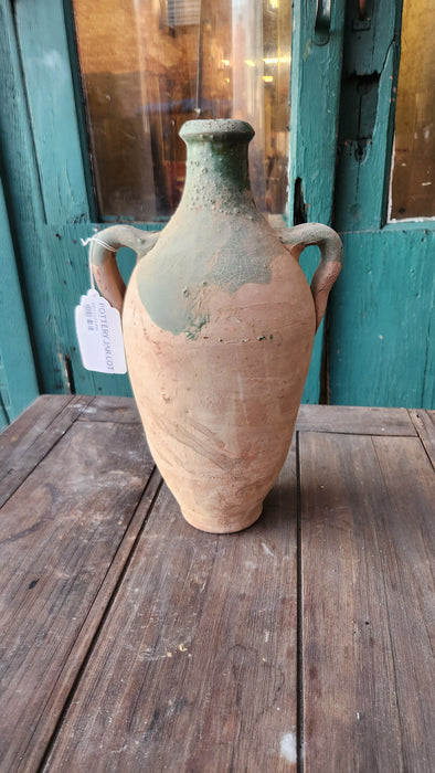 TALL PARTIAL GREEN GLAZED TERRA COTTA 2 HANDLED VASE