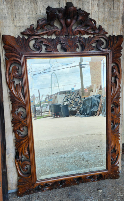 SPANISH CARVED OAK WALL MIRROR WITH LION CARVED CREST