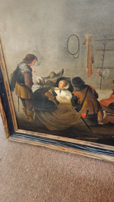 LARGE FRAMED OIL PAINTING OF FLEMISH SOLDIERS IN A TAVERN AFTER PEITER CODDE 1599-1678