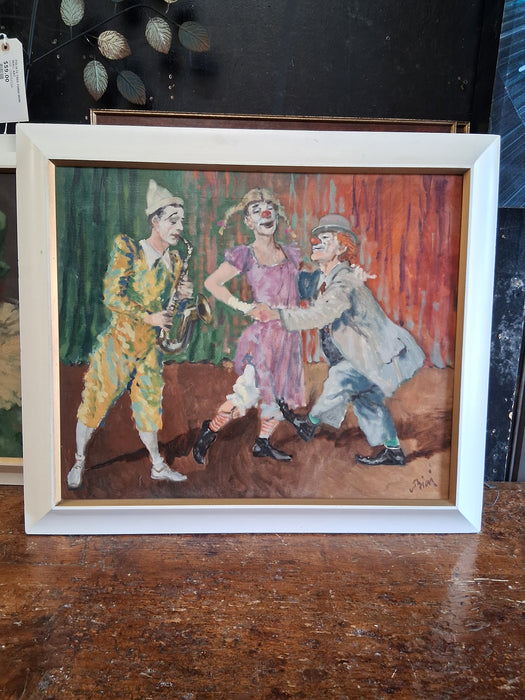FRAMED MID CENTURY PAINTING OF CLOWNS SIGNED