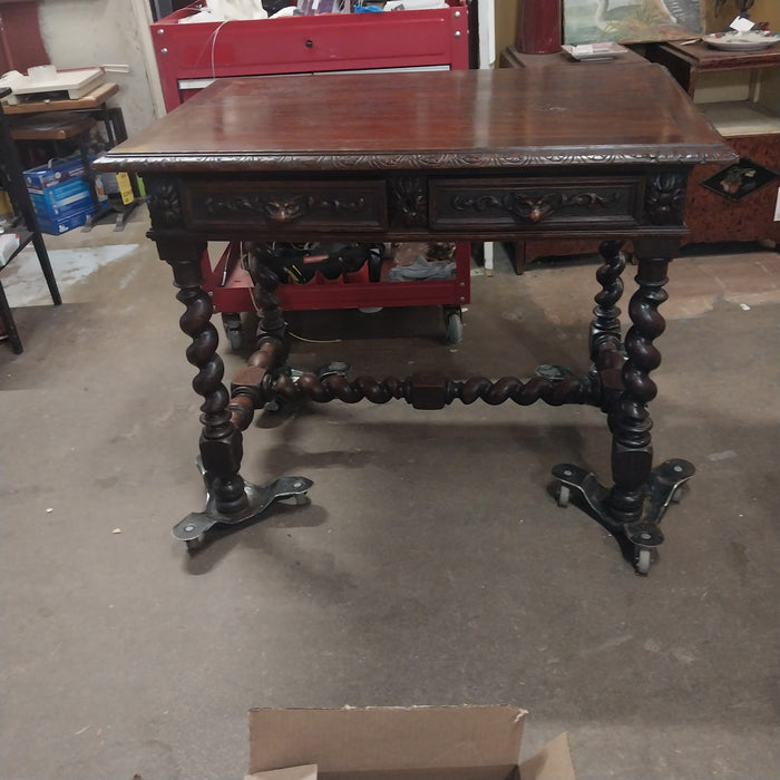 SMALL DARK OAK FRENCH BARLEY TWIST LIBRARY TABLE