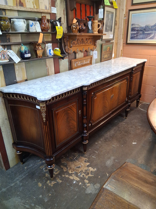 LOUIS XVI MAHOGANY WHITE MARBLE TOP 4 DOOR SIDEBOARD WITH BRASS ORMOLU