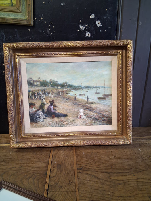DARK GOLD FRAMED IMPRESSIONIST OIL PAINTING OF BEACH SCENE - SIGNED HENRI PLISSON