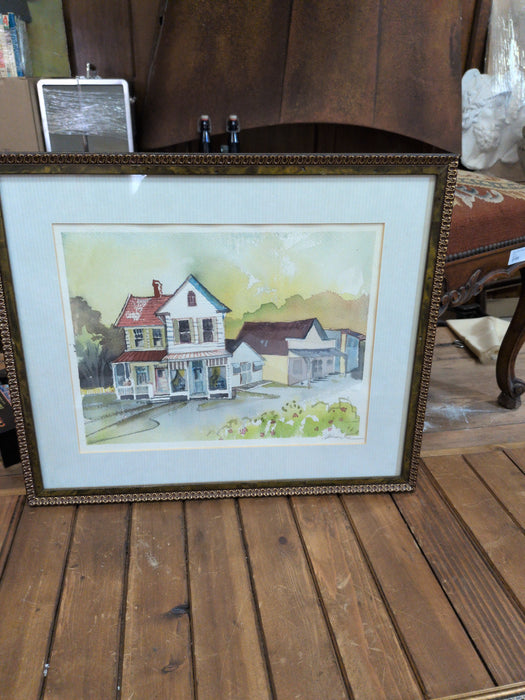 FRAMED IMPRESSIONIST WATER COLOR PAINTING OF HOUSES -SIGNED