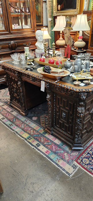 LEATHER TOP MECHELIN DESK WITH 2 SIDED STORAGE CABINETS