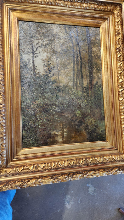 19TH CENTURY LOUIS DERICKX SMALL SYLVAN LANDSCAPE PAINTING WITH GOLD FRAME