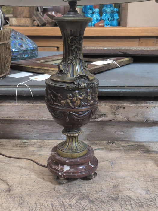 PAIR OF RED AND GREEN METAL CUPID LAMPS WITH GREEN SHADES