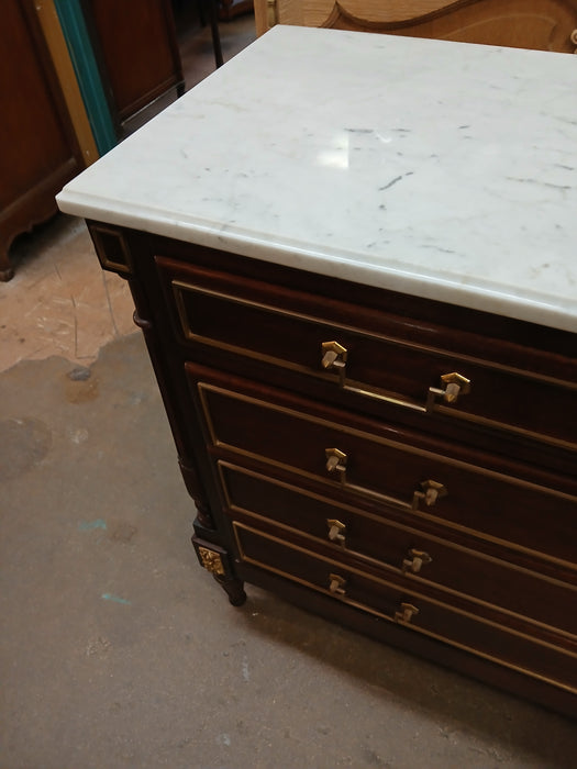 SHALLOW 5 DRAWER LOUIS XVI MAHOGANY MARBLE TOP CHEST WITH BRASS TRIM