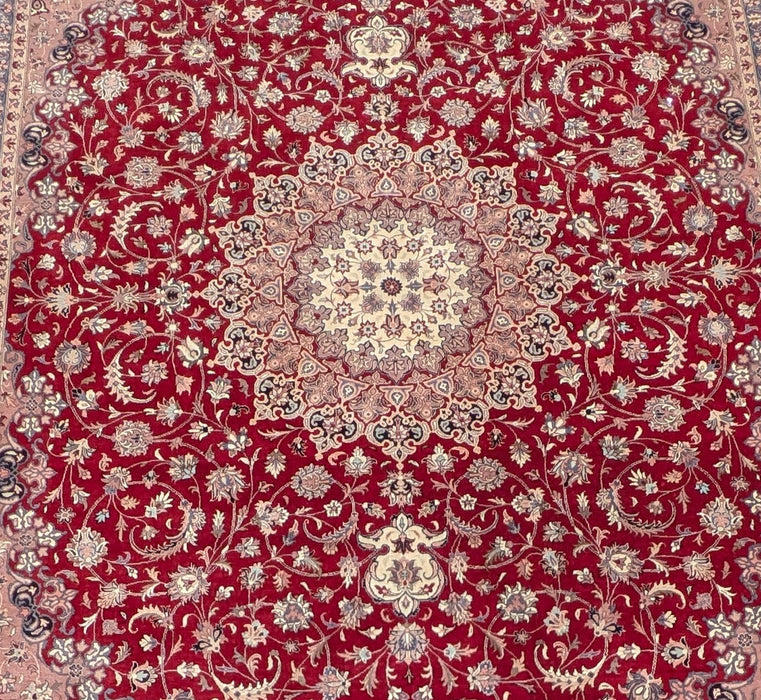 HUGE RED, YELLOW AND BLUE HANDMADE PERSIAN RUG WITH WHITE FRINGE