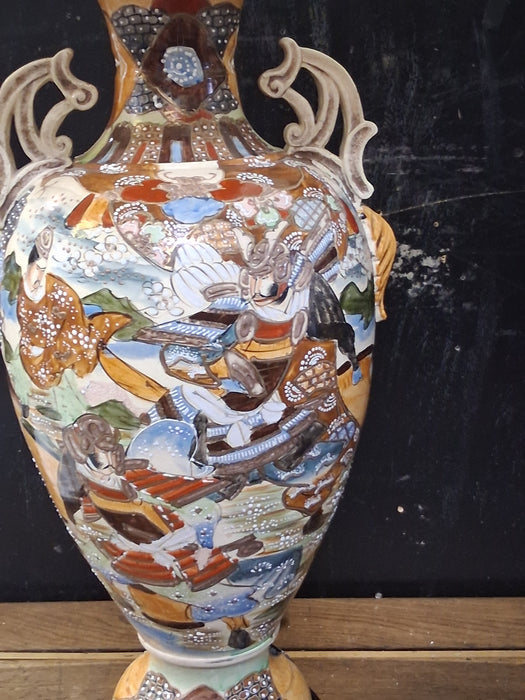 PAIR OF TALL SATSUMA LAMPS WITH SHADES - AS FOUND WOOD BASE