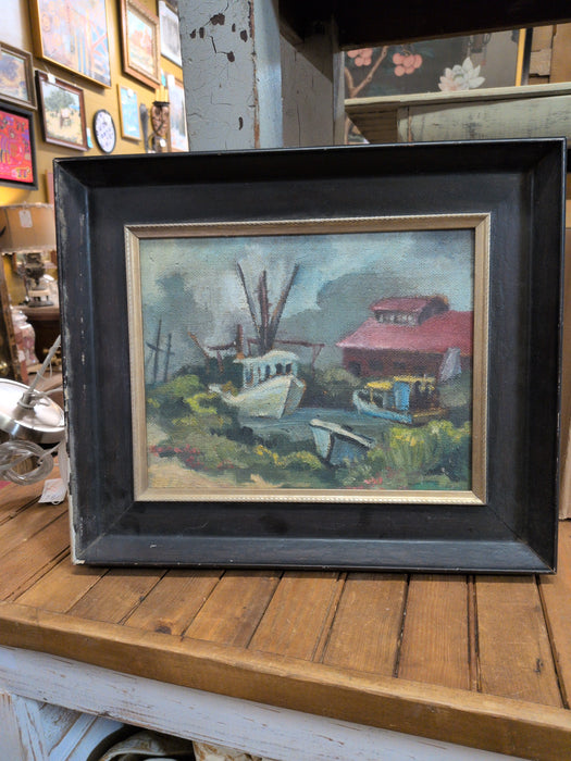 SMALL FRAMED IMPRESSIONIST OIL PAINTING OF BOATS