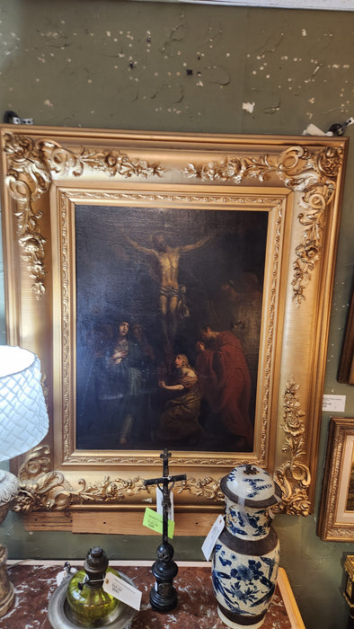 LARGE 17TH CENTURY GOLD FRAMED SPANISH SCHOOL CRUCIFIX OIL PAINTING