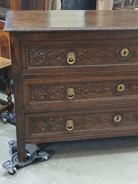 LARGE FRENCH CARVED DARK OAK 3 DRAWER CHEST