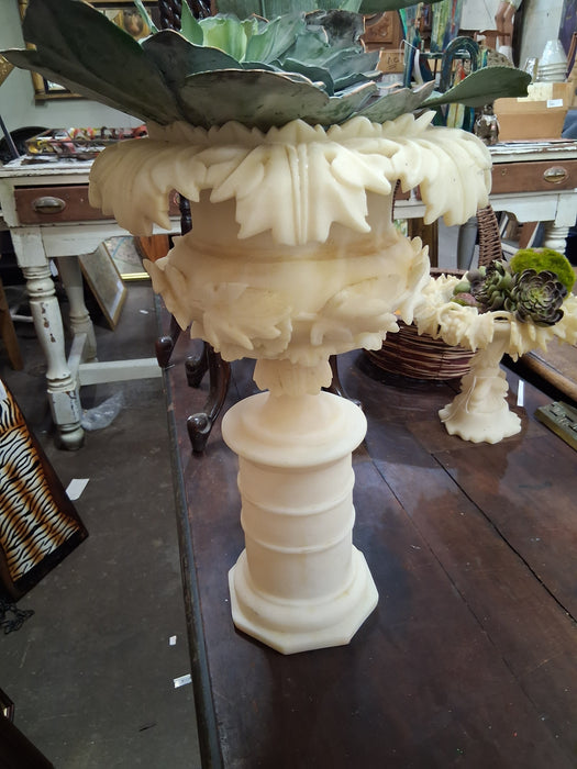PAIR OF FAUX ALABASTER URNS WITH FAUX SUCCULENTS