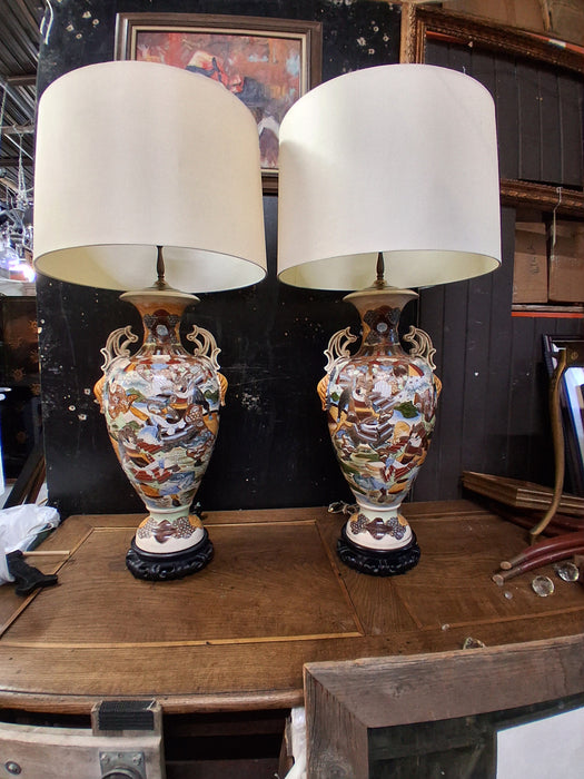 PAIR OF TALL SATSUMA LAMPS WITH SHADES - AS FOUND WOOD BASE