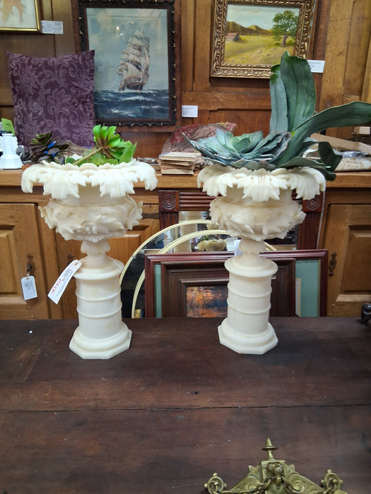 PAIR OF FAUX ALABASTER URNS WITH FAUX SUCCULENTS