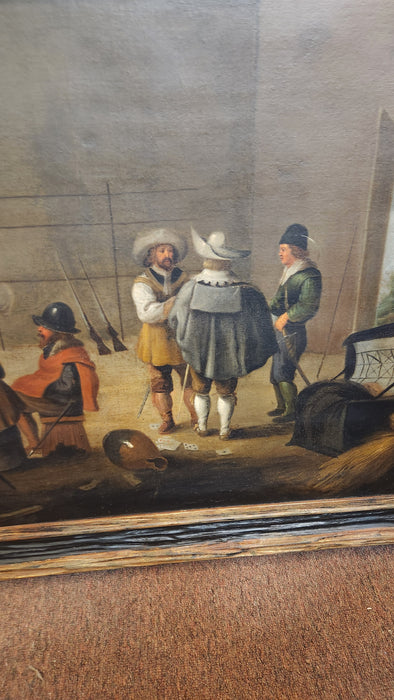 LARGE FRAMED OIL PAINTING OF FLEMISH SOLDIERS IN A TAVERN AFTER PEITER CODDE 1599-1678