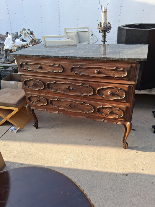 AS FOUND BLACK LOUIS XV MARBLE TOP 3 DRAWER CHEST