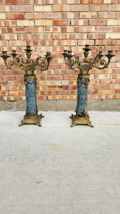 PAIR OF HEAVY GREEN MARBLE AND BRONZE CANDLEABRAS