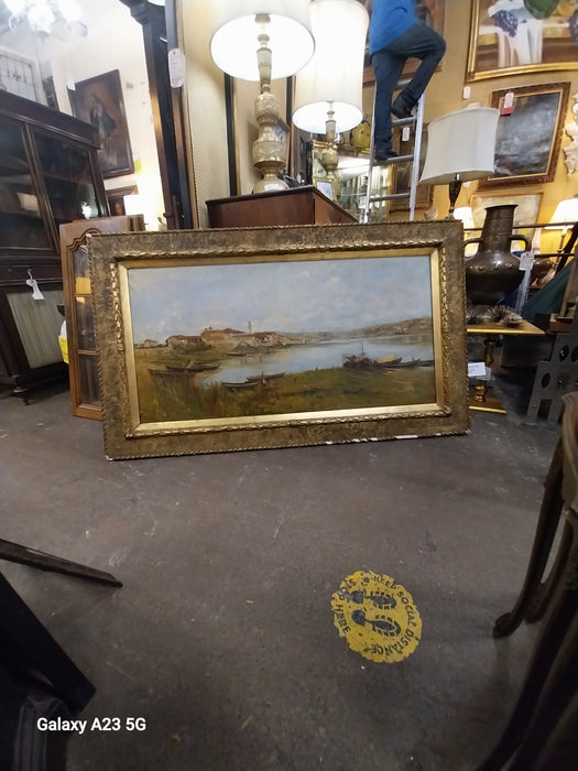 FRAMED ITALIAN VILLAGE BY THE WATER OIL PAINTING AS FOUND