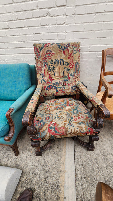 DARK OAK CARVED ARM CHAIR WITH AS FOUND TAPESTRY FABRIC