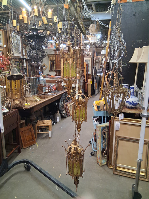 LARGE 3 LIGHT GOLD METAL AND GLASS GOTHIC CHANDELIER