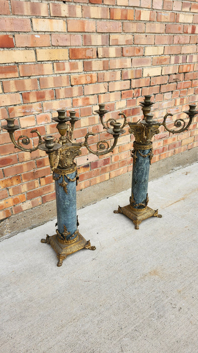 PAIR OF HEAVY GREEN MARBLE AND BRONZE CANDLEABRAS