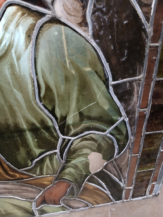 LARGE PAINTED AND STAINED GLASS WINDOW WITH PAIR OF  ANGELS AS FOUND