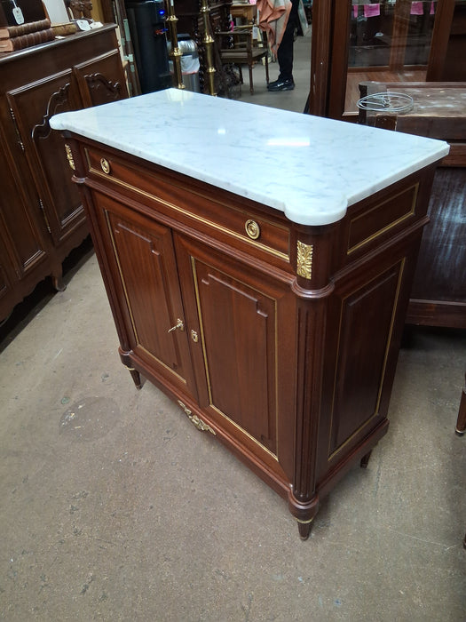LOUIS XVI SMALL WHITE MARBLE TOP SERVER WITH 1 DRAWER 2 DOORS