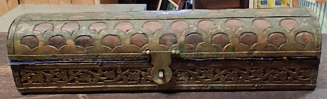 LONG SMALL DOMED WOOD BOX WITH BRASS OVERLAY