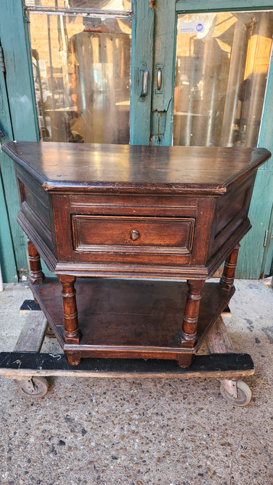LOW 18TH CENTURY CANTED CORNER OAK  CONSOLE WITH DRAWER