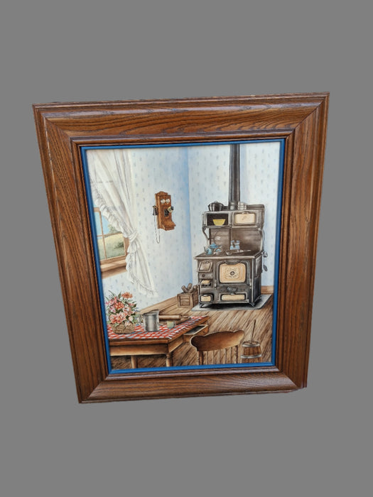 FRAMED OIL PAINTING OF AN DOLD TIME COUNTY KITCHEN BY KAY LAMB SHANNON