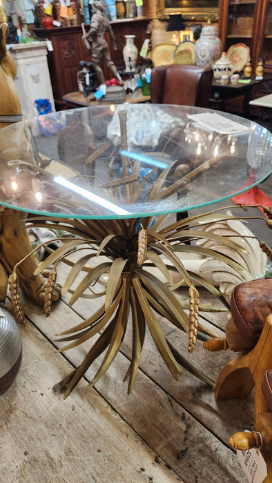 GLASS TOP HOLLYWOOD REGENCY WHEAT BASE IRON TABLE