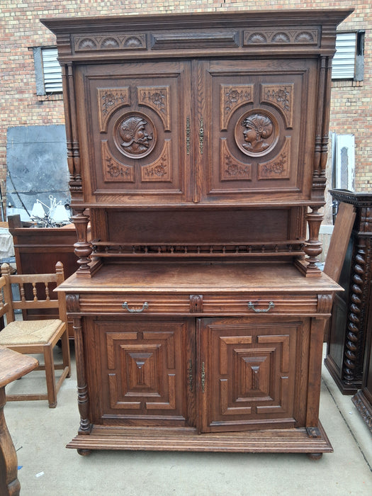 HENRI II 2 PIECE CABINET WITH CARVED FACES