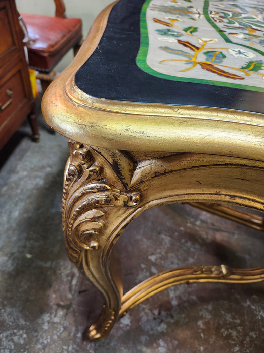 LOUIS XV CARVED GILTWOOD TABLE WITH INTRICATE FLORAL AND BIRD INLAY