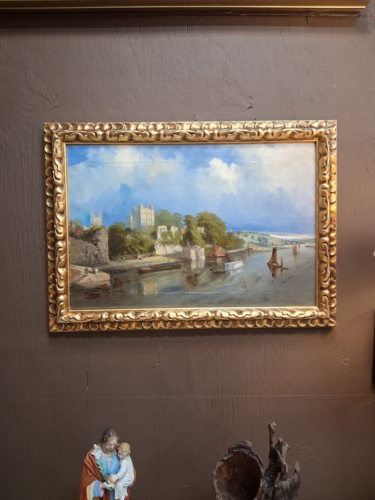 SMALL GILT FRAMED ITALIAN PAINTING OF RIVER AND BOATS