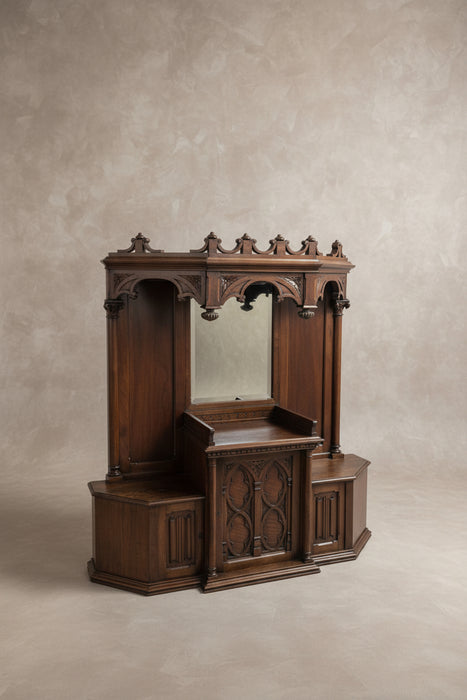 GOTHIC REVIVAL WALNUT HUMIDOR CABINET WITH MIRROR