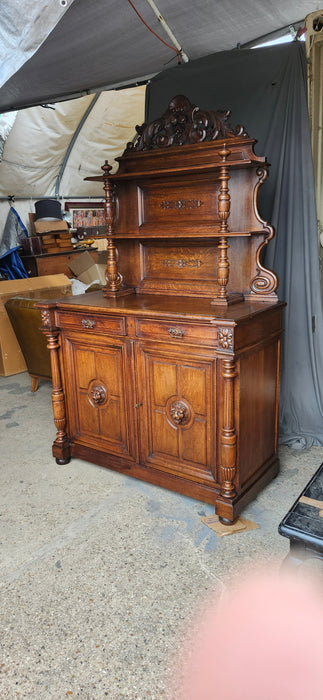 RESTORED EUROPEAN CARVED OAK SERVER WITH LION HEADS