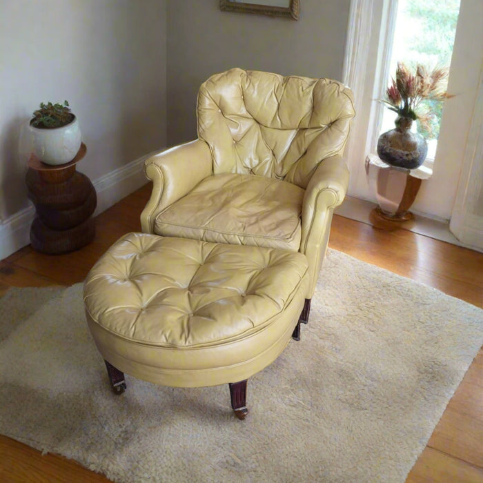 MIDCENTURY YELLOW LEATHER ARMCHAIR WITH OTTOMAN