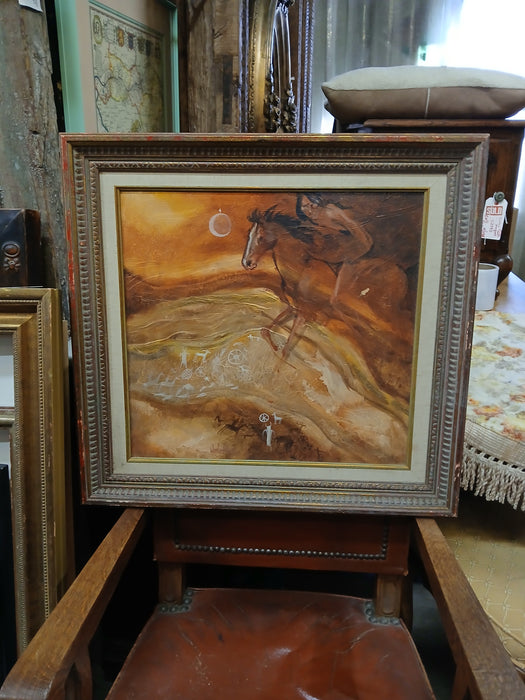 FRAMED OIL PAINTING OF AN INDIAN ON HORSEBACK-AS FOUND